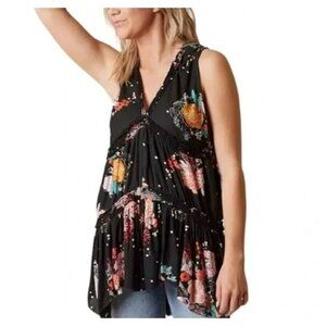 Free People Haze Floral Tiered Tunic Top Black/Pink/Red/White Size XS